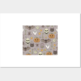 Spooky Halloween Pattern with Hand Drawn Elements Posters and Art